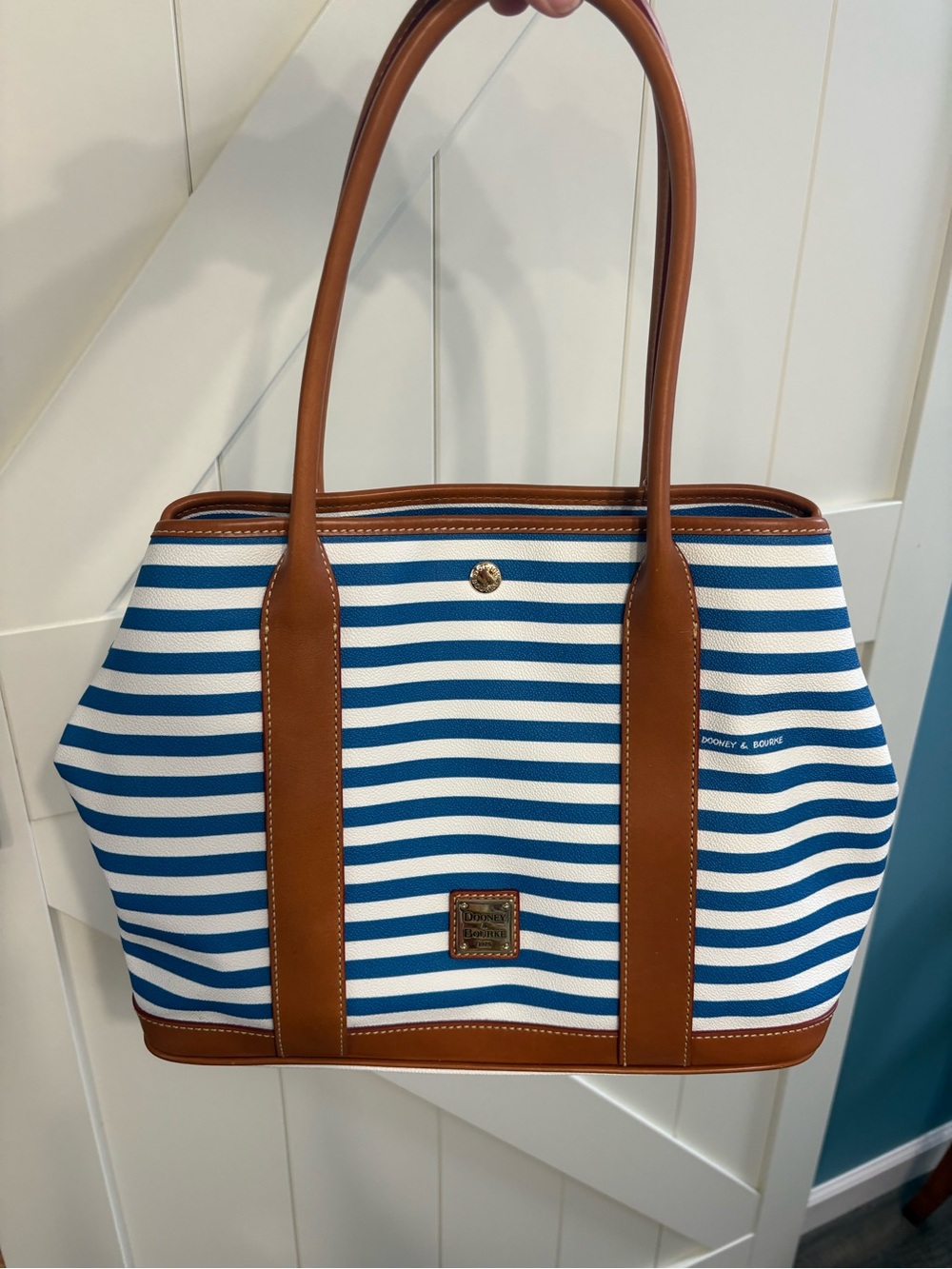 Dooney & Bourke Blue & White Striped Tote with Brown Trim NWOT